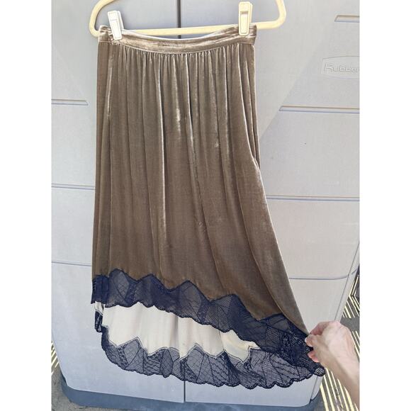 Zadig & Voltaire Joslin Velvet Midi Skirt Brown Green High Low Lace Trim Sz 36/S - Picture 10 of 16